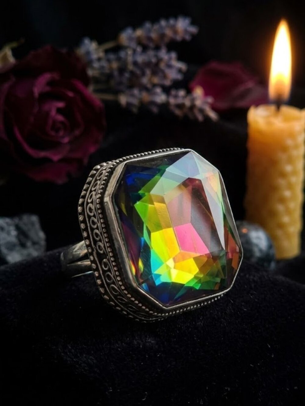 925 Sterling Silver Rainbow Crystal Statement Ring Size 8 Dark Romance Mob Wife